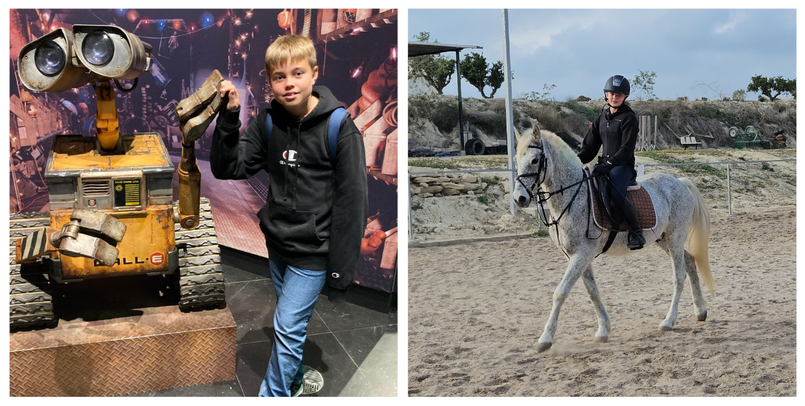 Elias robotin vieressä ja Sonja hevosen selässä ratsastamassa